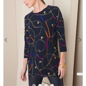 Chicos tunic top 3/4 sleeve XXL chain link printed dark blue multi color